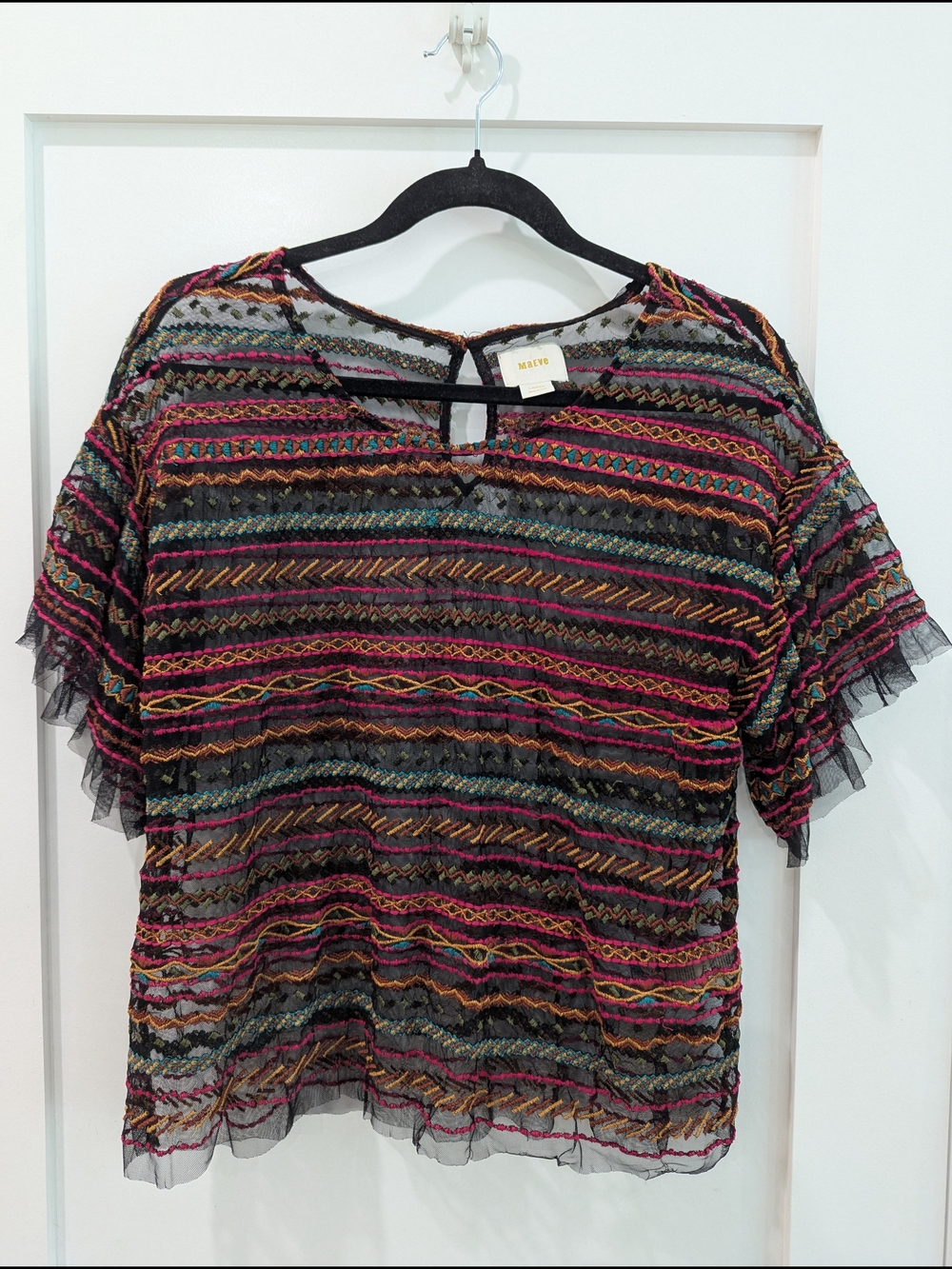 Maeve For Anthropologie Black Mesh Top with Multicolor Embroidery - Picture 4 of 7